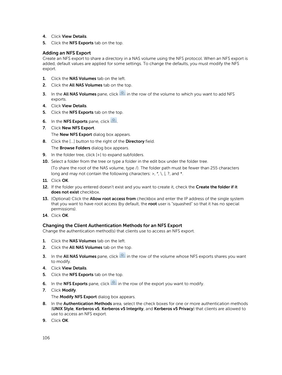 Dell NX3610, NX3500, NX3600 manual Adding an NFS Export, Changing the Client Authentication Methods for an NFS Export 