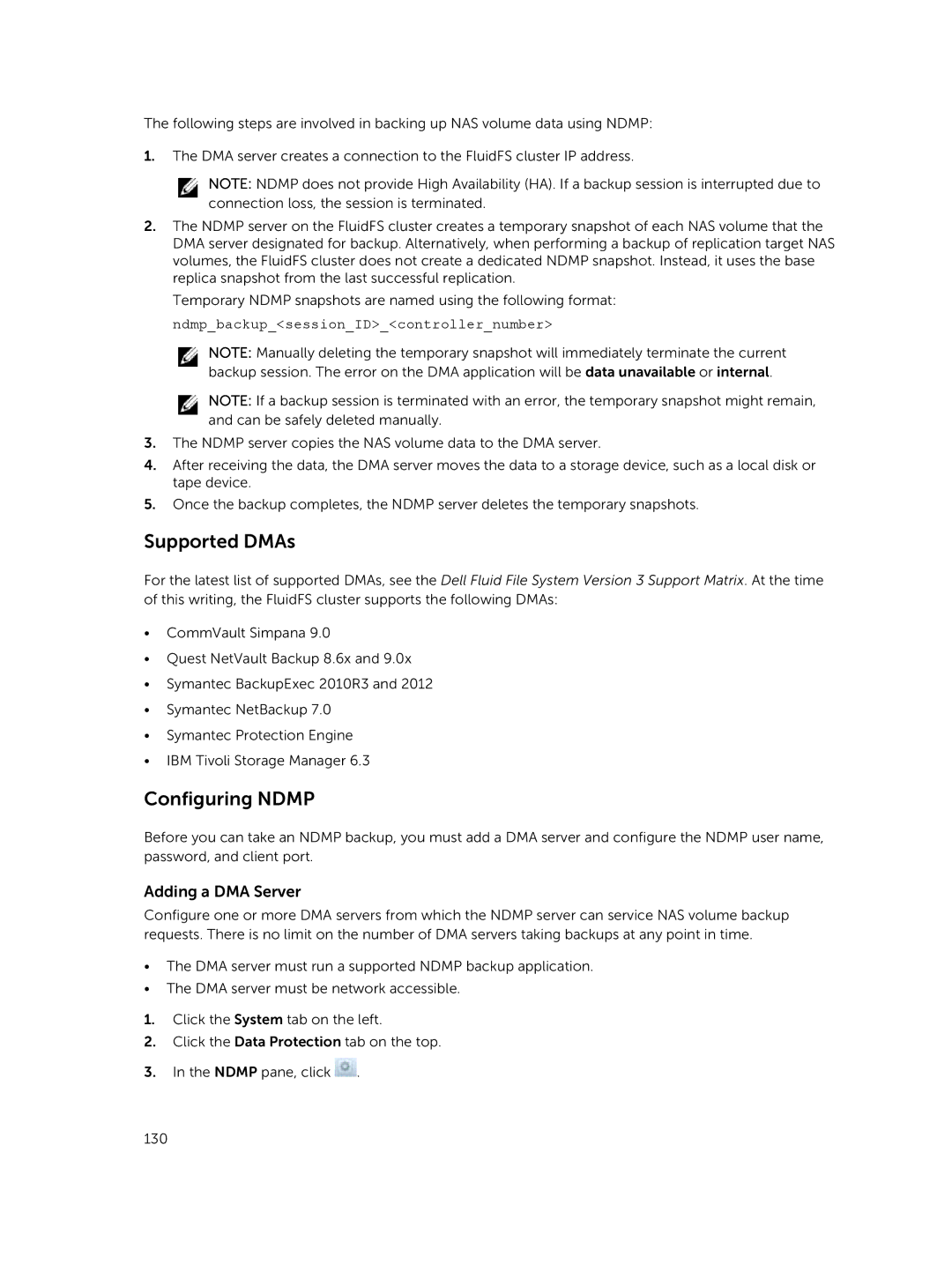 Dell NX3610, NX3500, NX3600 manual Supported DMAs, Configuring Ndmp, Adding a DMA Server 