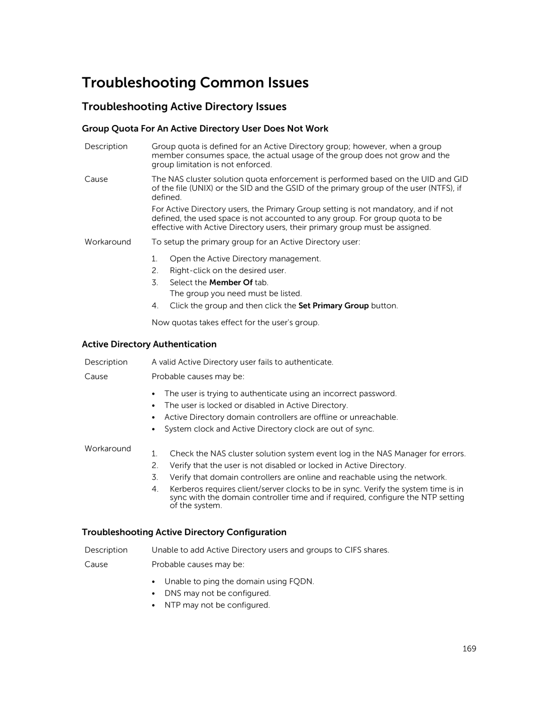 Dell NX3610 manual Troubleshooting Common Issues, Troubleshooting Active Directory Issues, Active Directory Authentication 