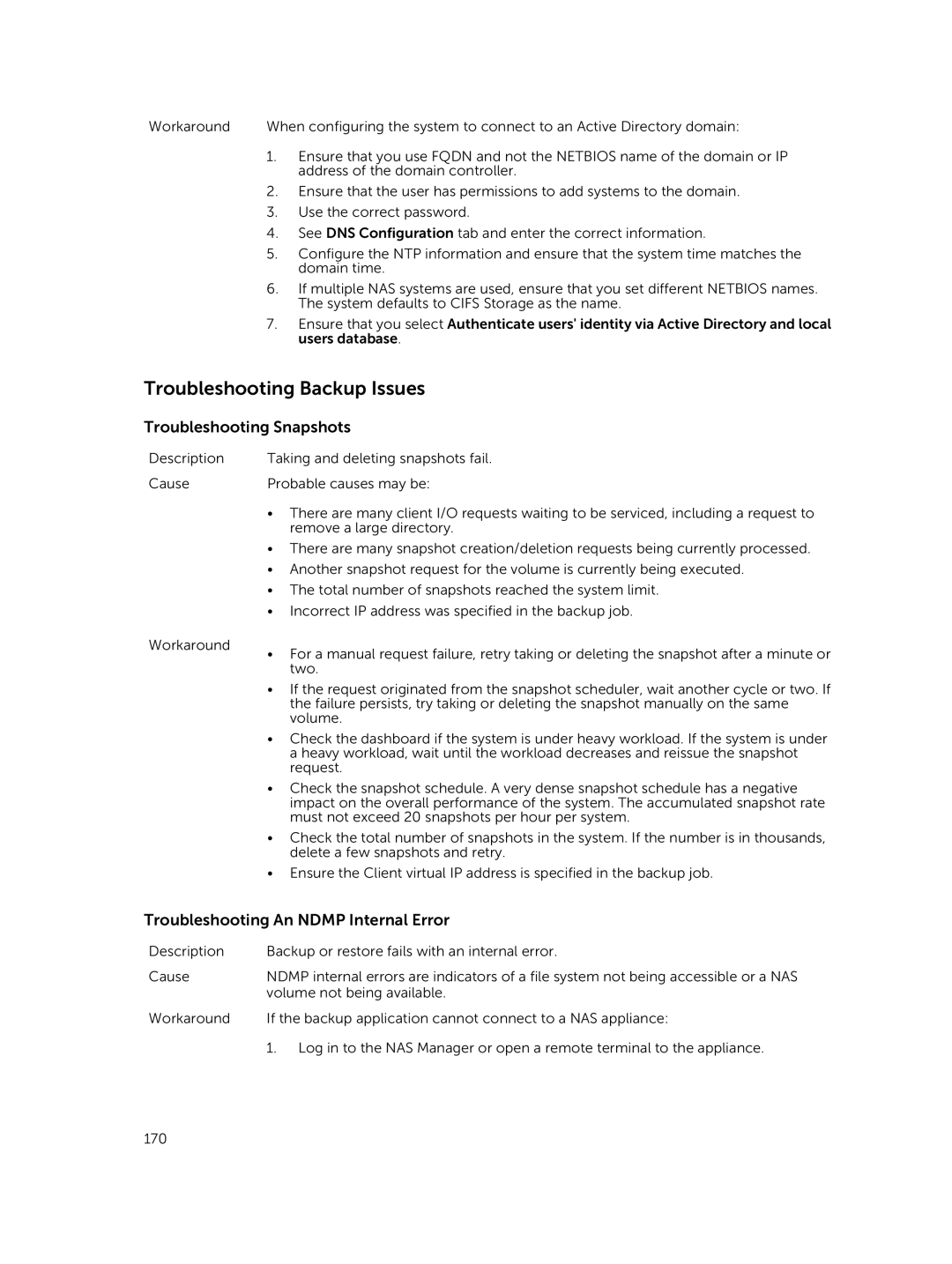 Dell NX3600, NX3500 manual Troubleshooting Backup Issues, Troubleshooting Snapshots, Troubleshooting An Ndmp Internal Error 