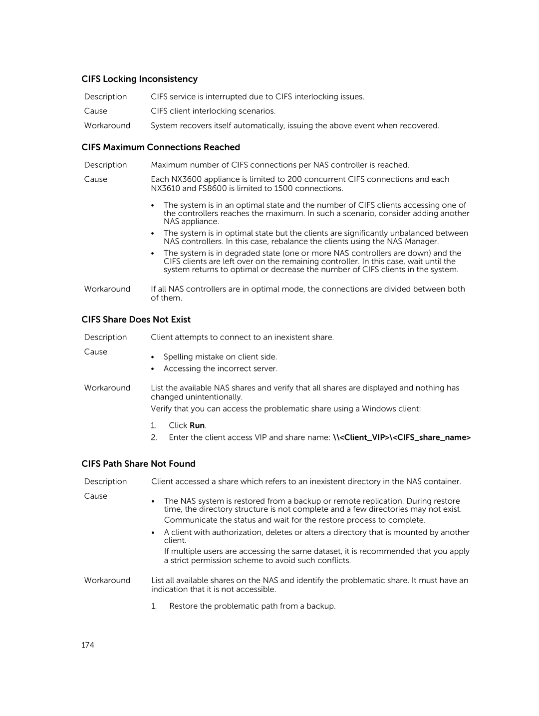 Dell NX3500, NX3610, NX3600 manual Cifs Locking Inconsistency, Cifs Maximum Connections Reached, Cifs Share Does Not Exist 