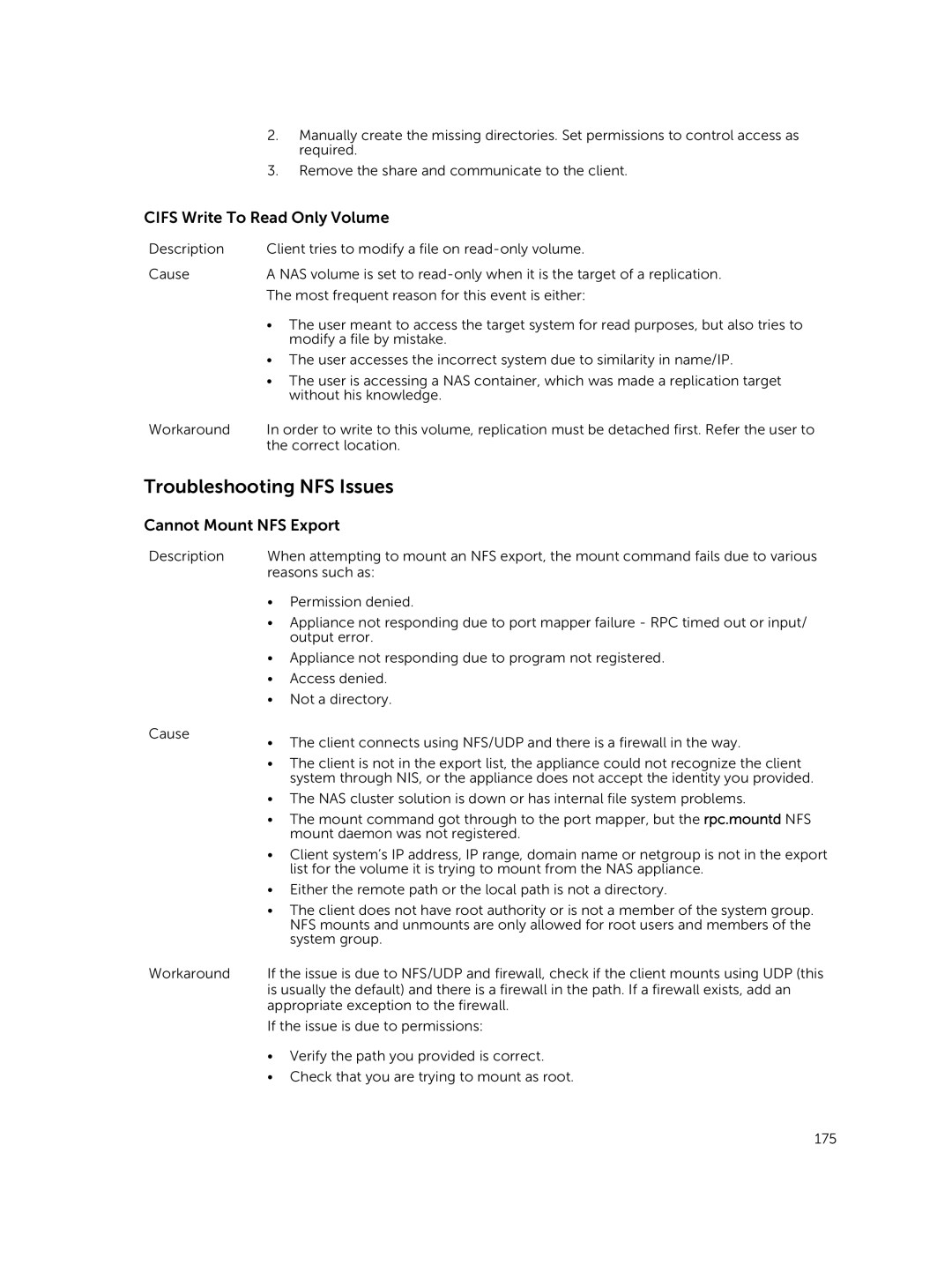 Dell NX3610, NX3500, NX3600 manual Troubleshooting NFS Issues, Cifs Write To Read Only Volume, Cannot Mount NFS Export 