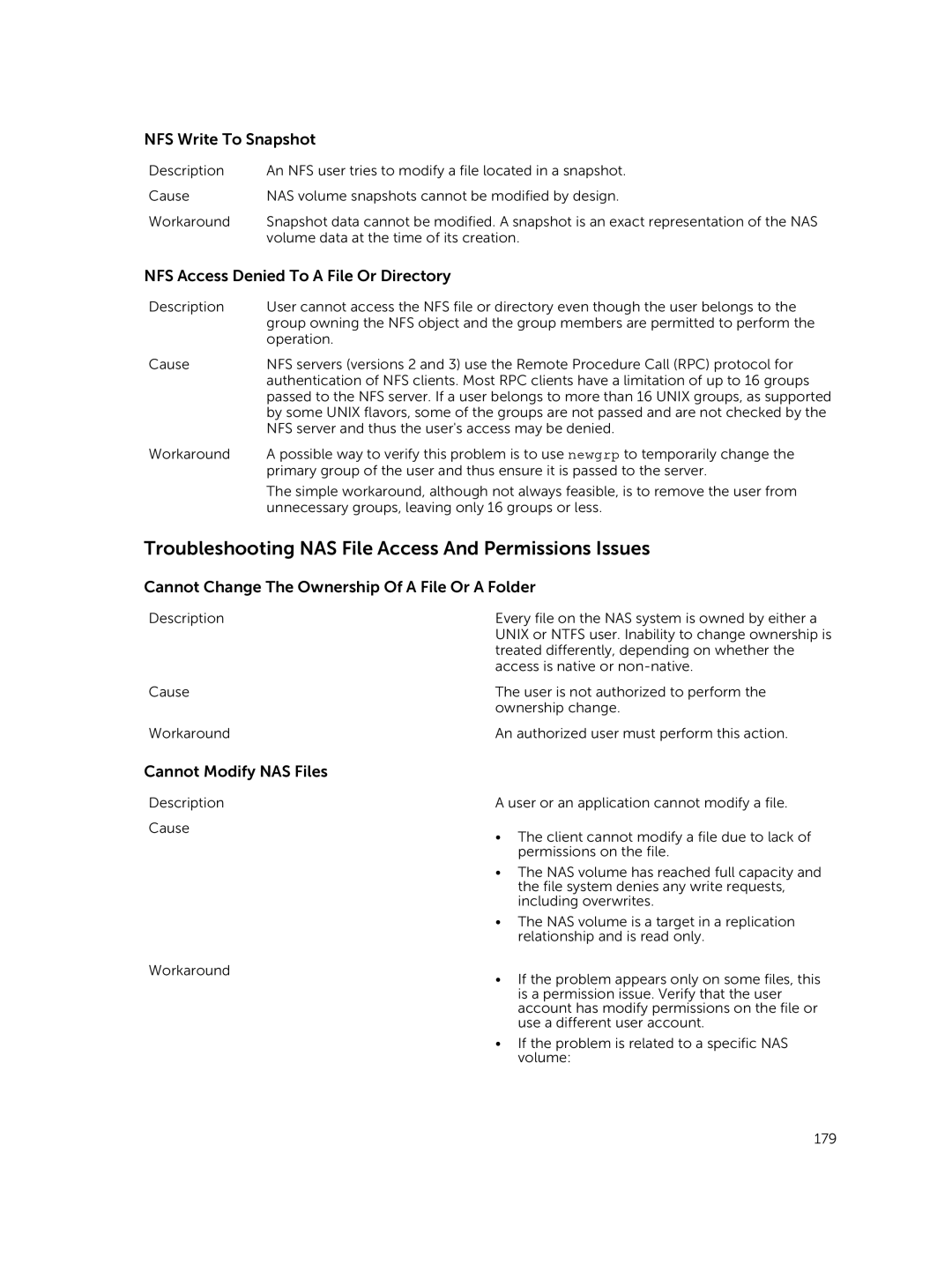 Dell NX3600, NX3500 Troubleshooting NAS File Access And Permissions Issues, NFS Write To Snapshot, Cannot Modify NAS Files 