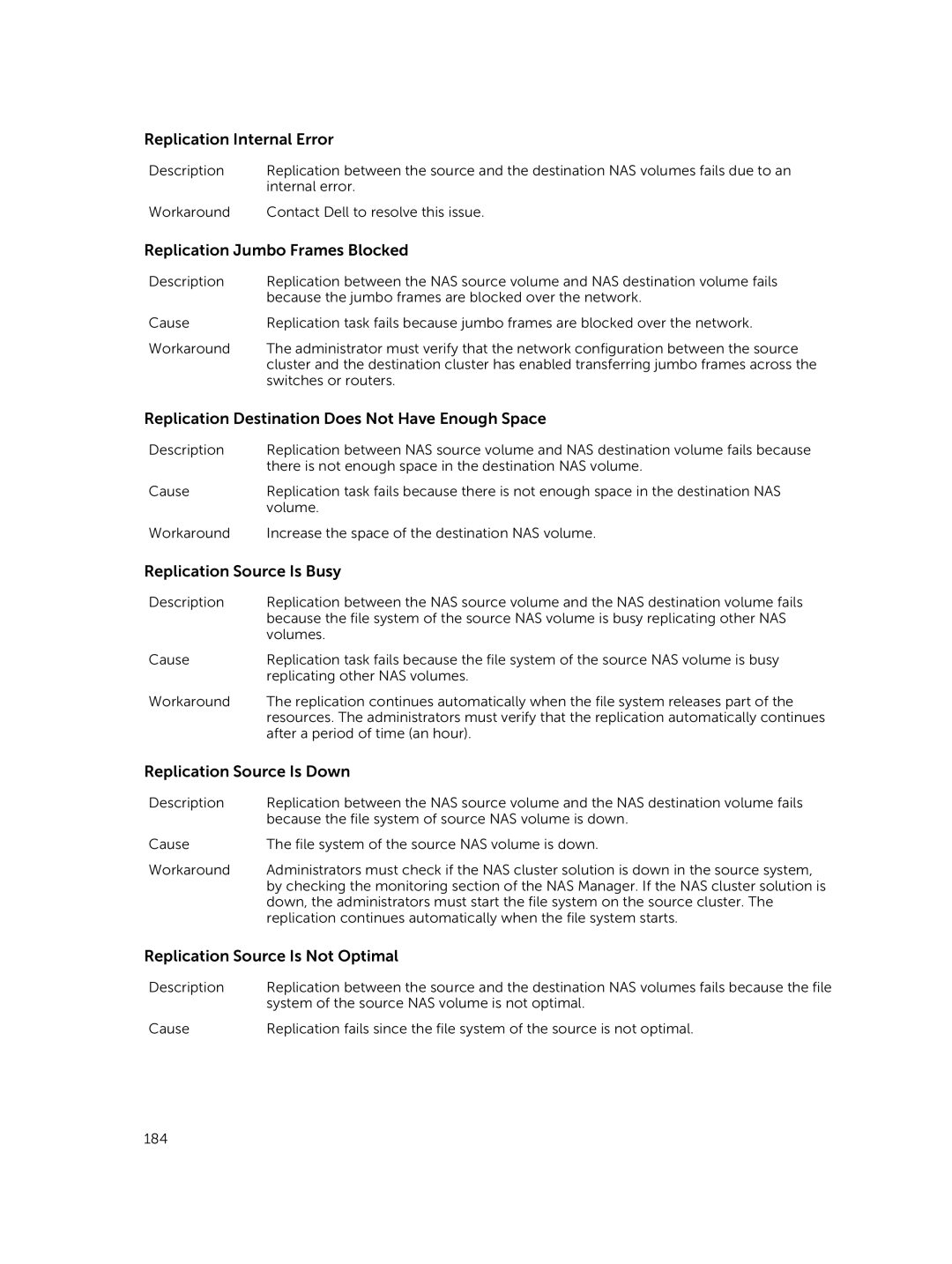 Dell NX3610, NX3500, NX3600 manual Replication Internal Error, Replication Jumbo Frames Blocked, Replication Source Is Busy 