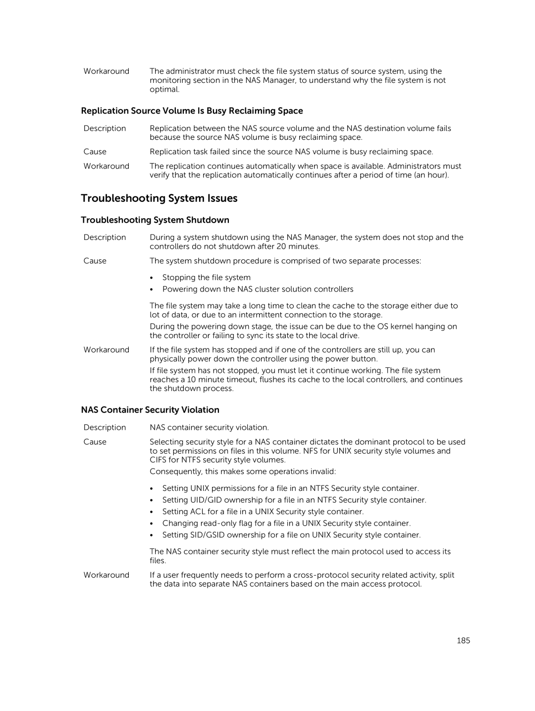 Dell NX3600, NX3500, NX3610 manual Troubleshooting System Issues, Replication Source Volume Is Busy Reclaiming Space 