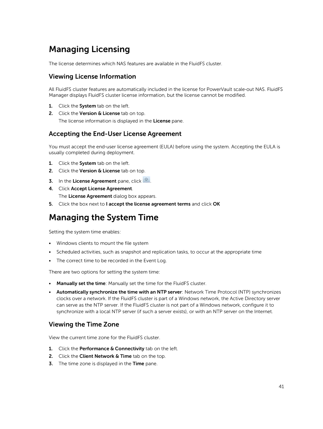 Dell NX3600, NX3500 manual Managing Licensing, Managing the System Time, Viewing License Information, Viewing the Time Zone 