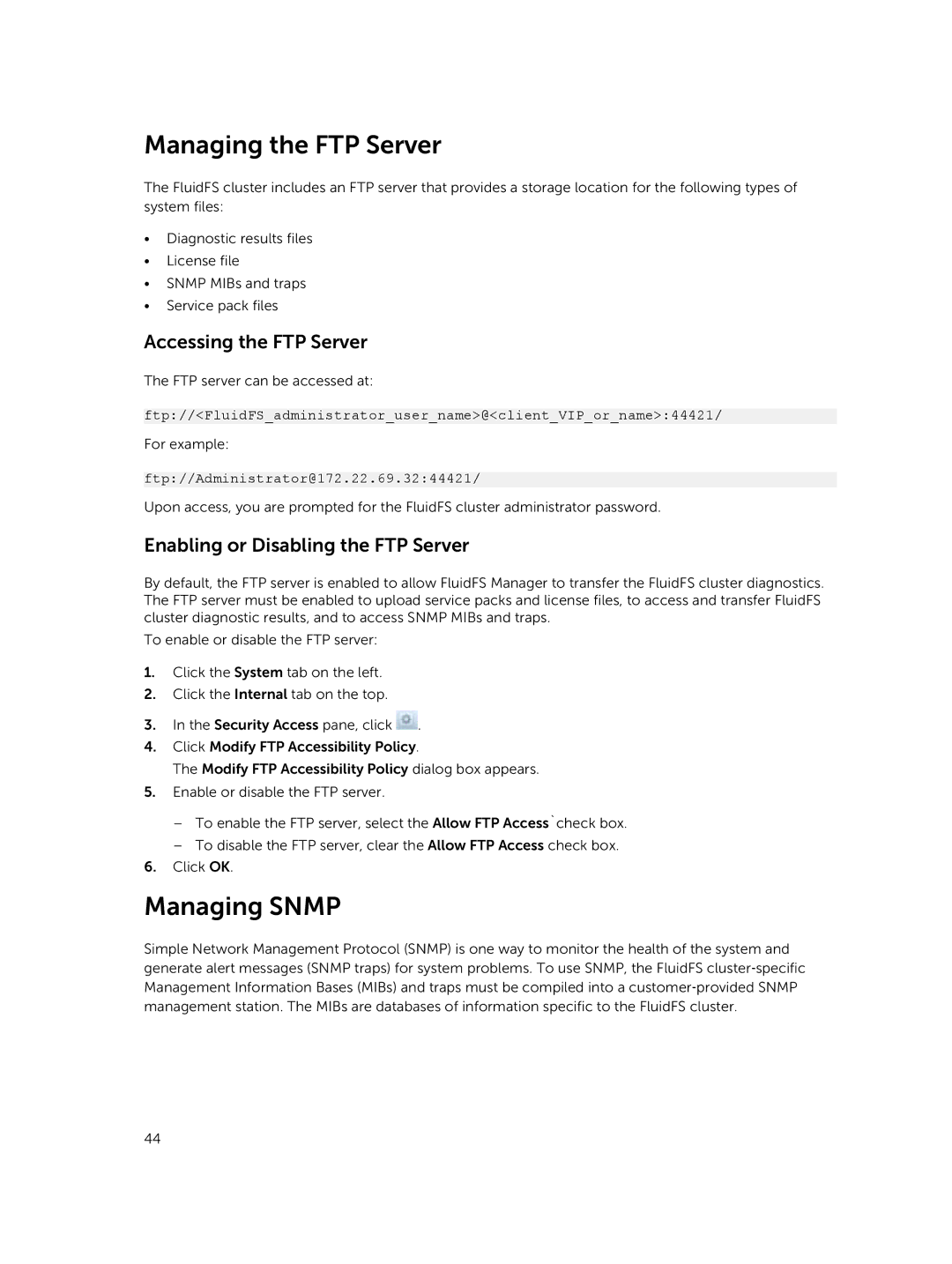 Dell NX3600, NX3500 Managing the FTP Server, Managing Snmp, Accessing the FTP Server, Enabling or Disabling the FTP Server 