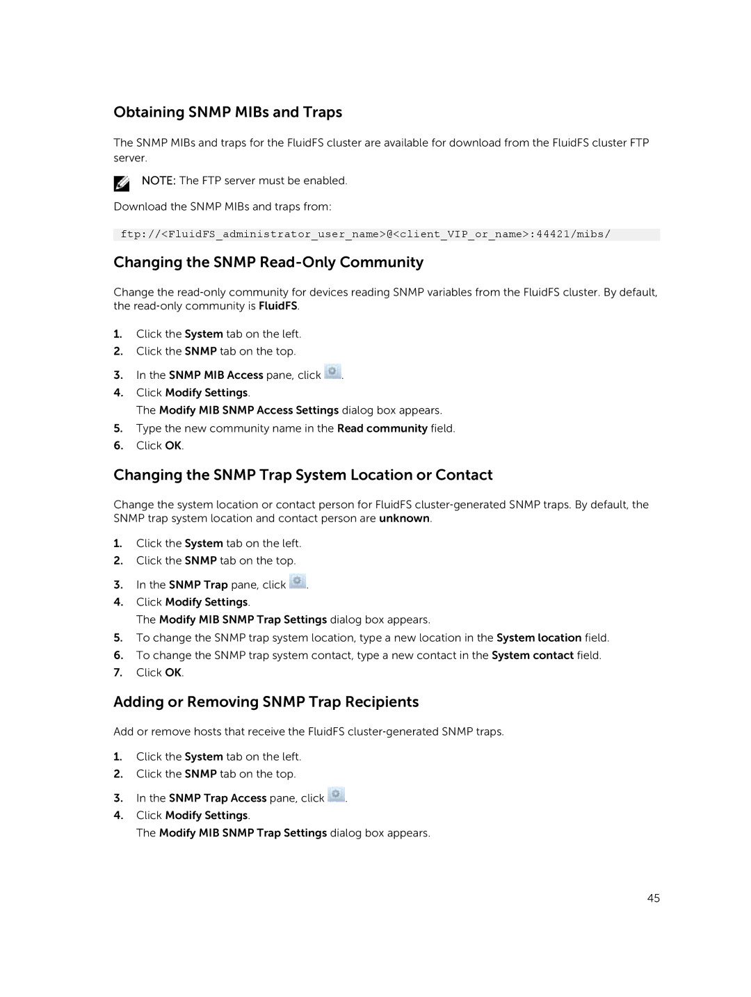 Dell NX3500 Obtaining Snmp MIBs and Traps, Changing the Snmp Read-Only Community, Adding or Removing Snmp Trap Recipients 