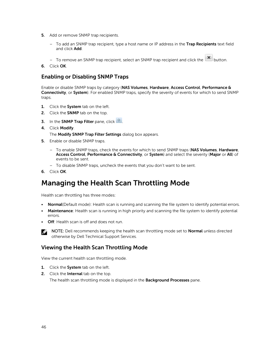 Dell NX3610, NX3500, NX3600 manual Managing the Health Scan Throttling Mode, Enabling or Disabling Snmp Traps 