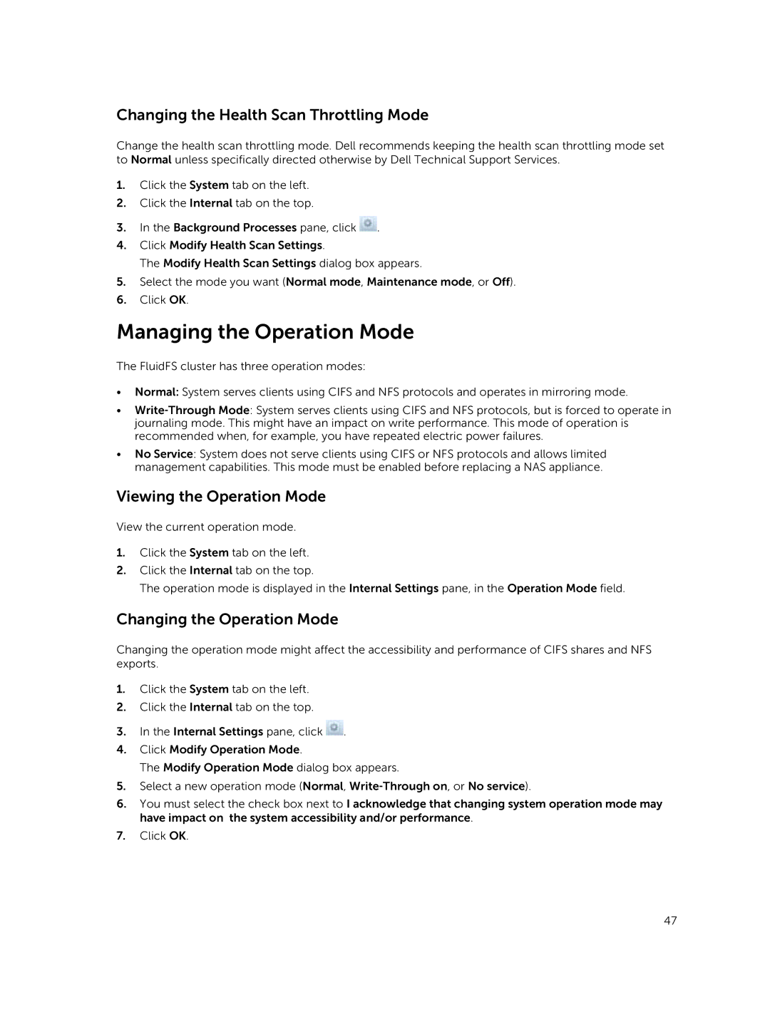 Dell NX3600, NX3500 manual Managing the Operation Mode, Changing the Health Scan Throttling Mode, Viewing the Operation Mode 