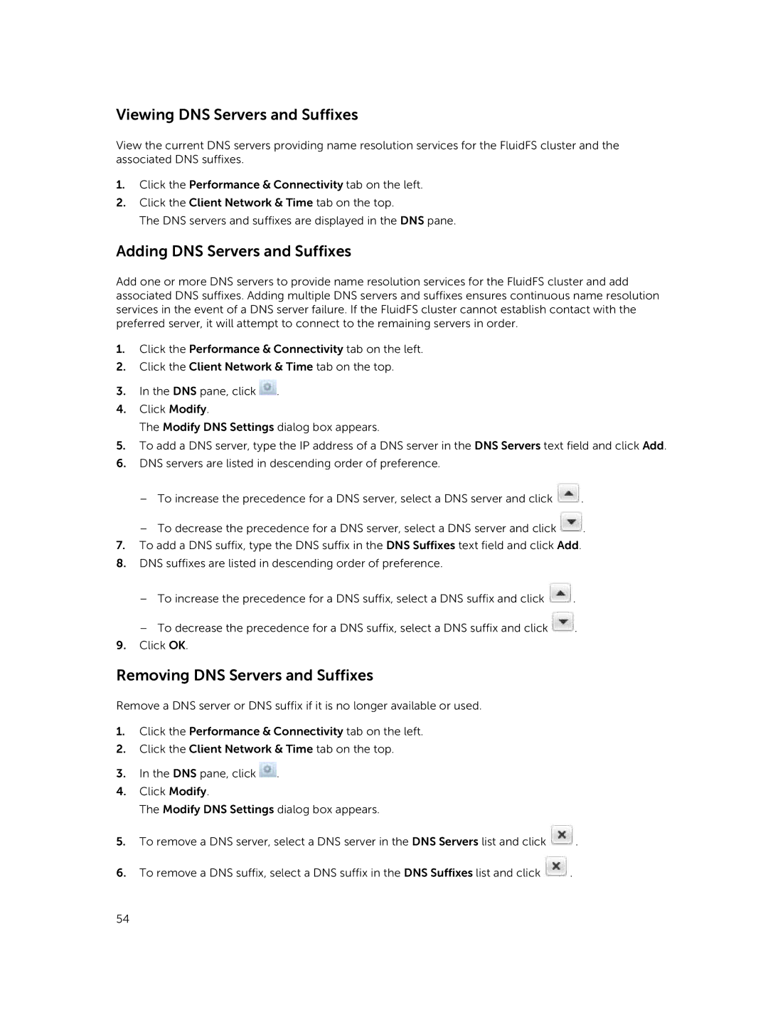 Dell NX3500, NX3610 Viewing DNS Servers and Suffixes, Adding DNS Servers and Suffixes, Removing DNS Servers and Suffixes 