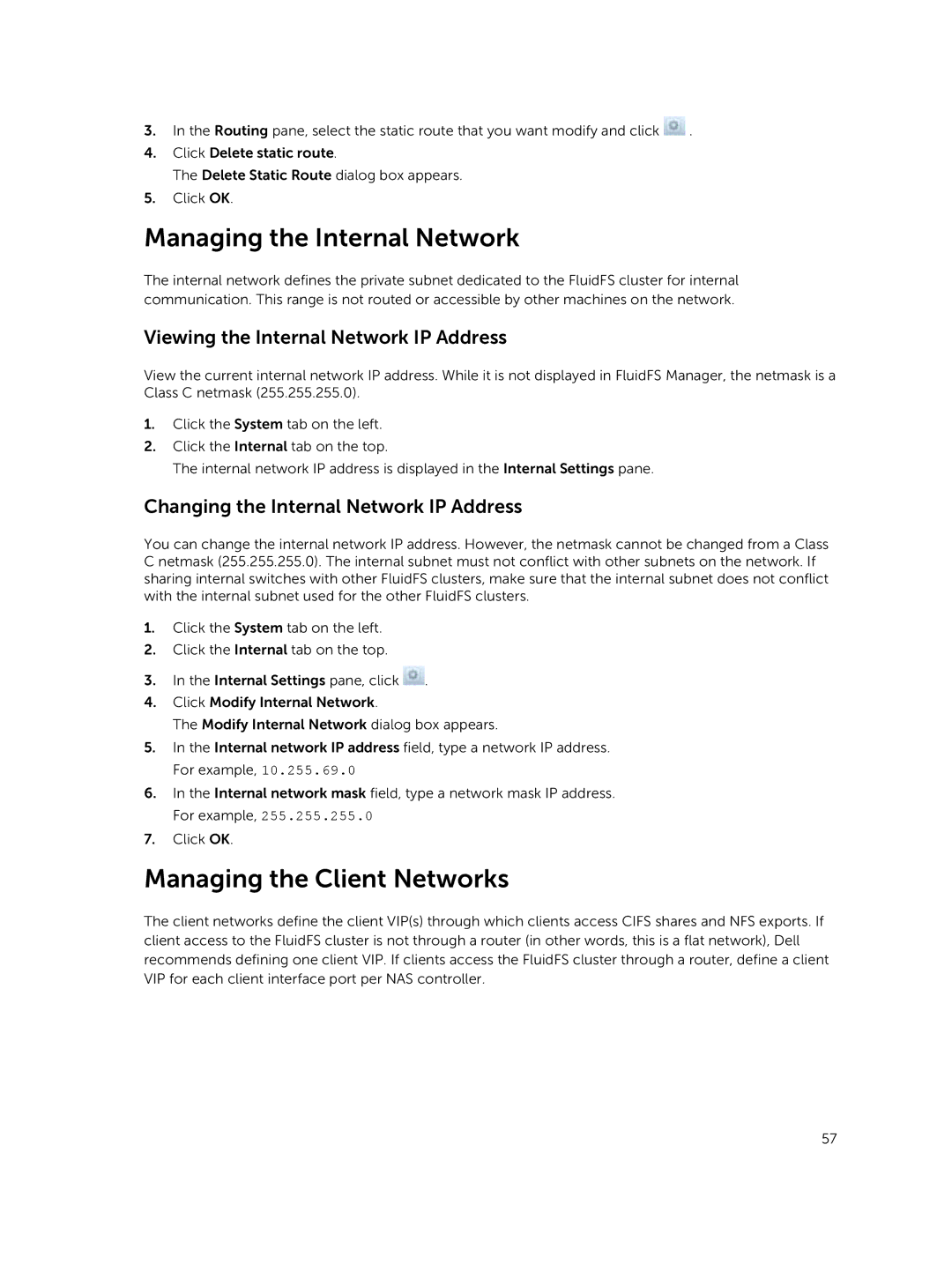 Dell NX3500, NX3610 Managing the Internal Network, Managing the Client Networks, Viewing the Internal Network IP Address 