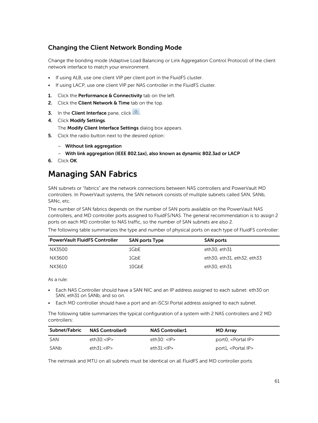 Dell NX3610, NX3500, NX3600 manual Managing SAN Fabrics, Changing the Client Network Bonding Mode 