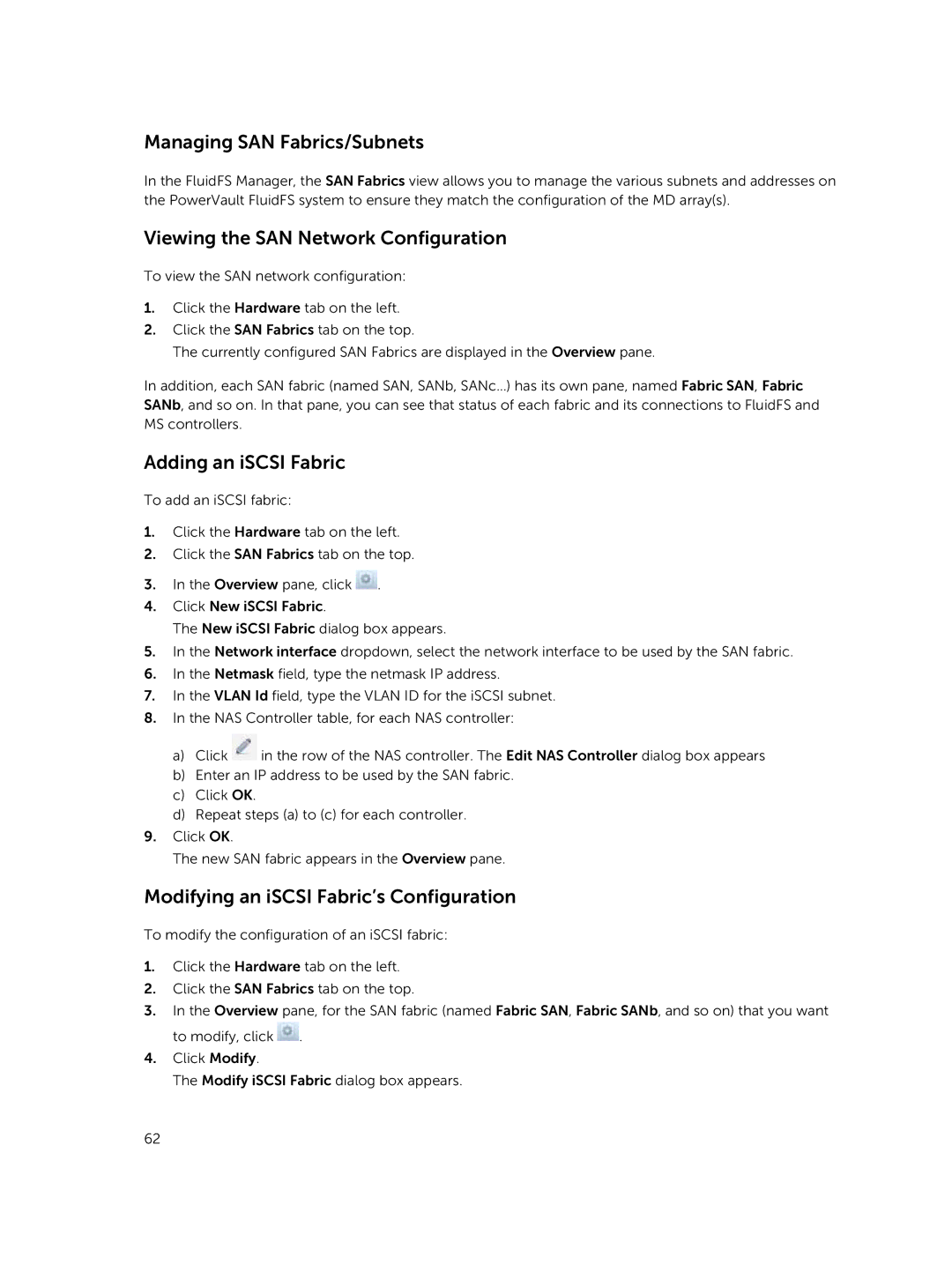 Dell NX3600, NX3500, NX3610 Managing SAN Fabrics/Subnets, Viewing the SAN Network Configuration, Adding an iSCSI Fabric 