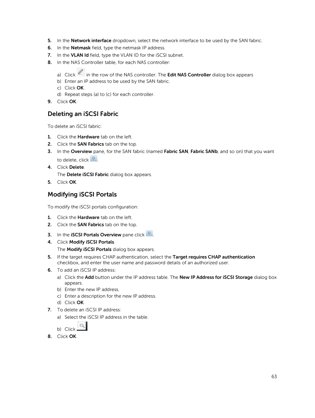 Dell NX3500, NX3610, NX3600 manual Deleting an iSCSI Fabric, Modifying iSCSI Portals 