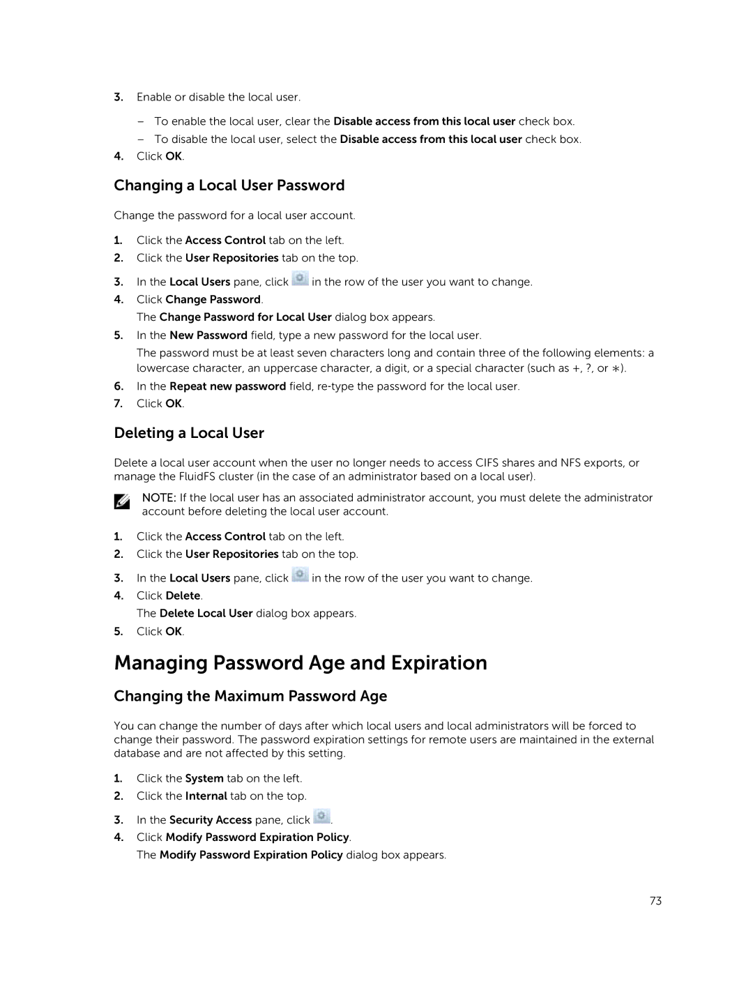 Dell NX3610, NX3500, NX3600 Managing Password Age and Expiration, Changing a Local User Password, Deleting a Local User 