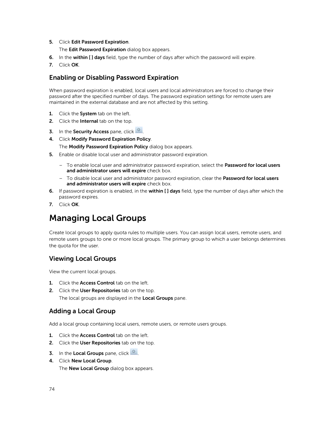 Dell NX3600 Managing Local Groups, Enabling or Disabling Password Expiration, Viewing Local Groups, Adding a Local Group 