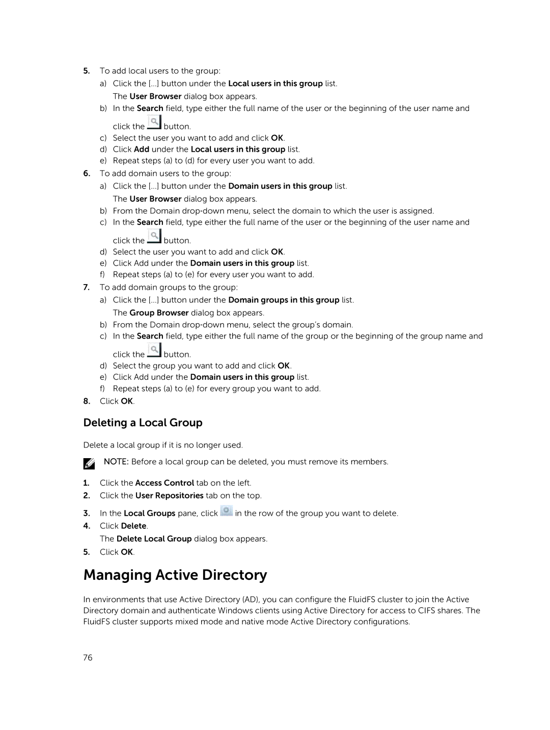 Dell NX3610, NX3500, NX3600 manual Managing Active Directory, Deleting a Local Group 