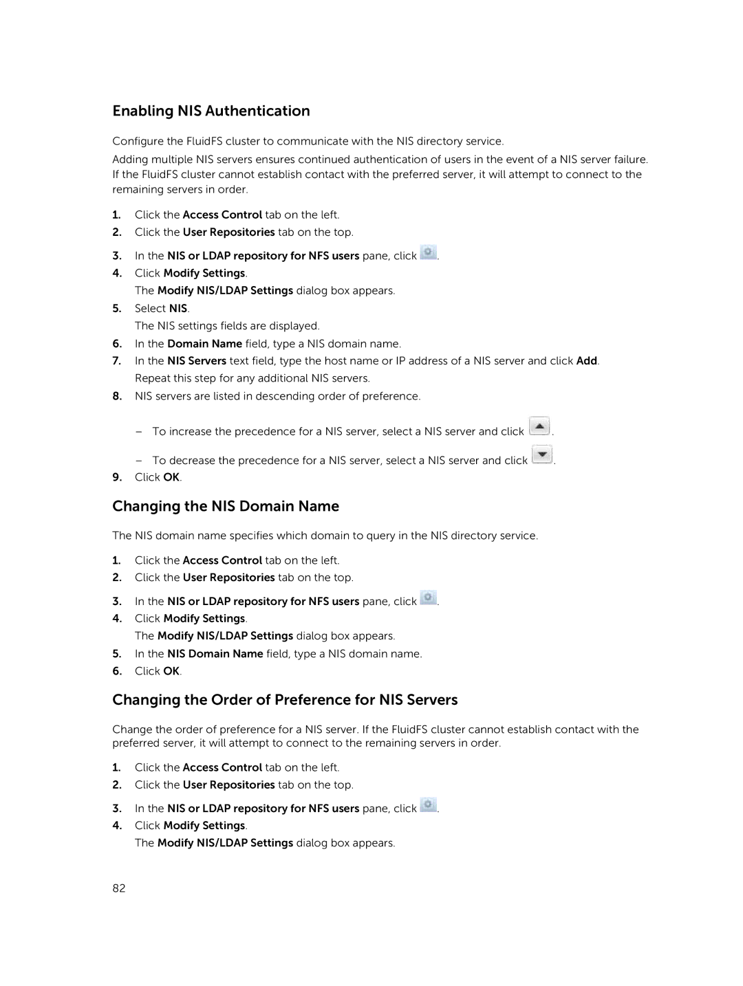 Dell NX3610 Enabling NIS Authentication, Changing the NIS Domain Name, Changing the Order of Preference for NIS Servers 