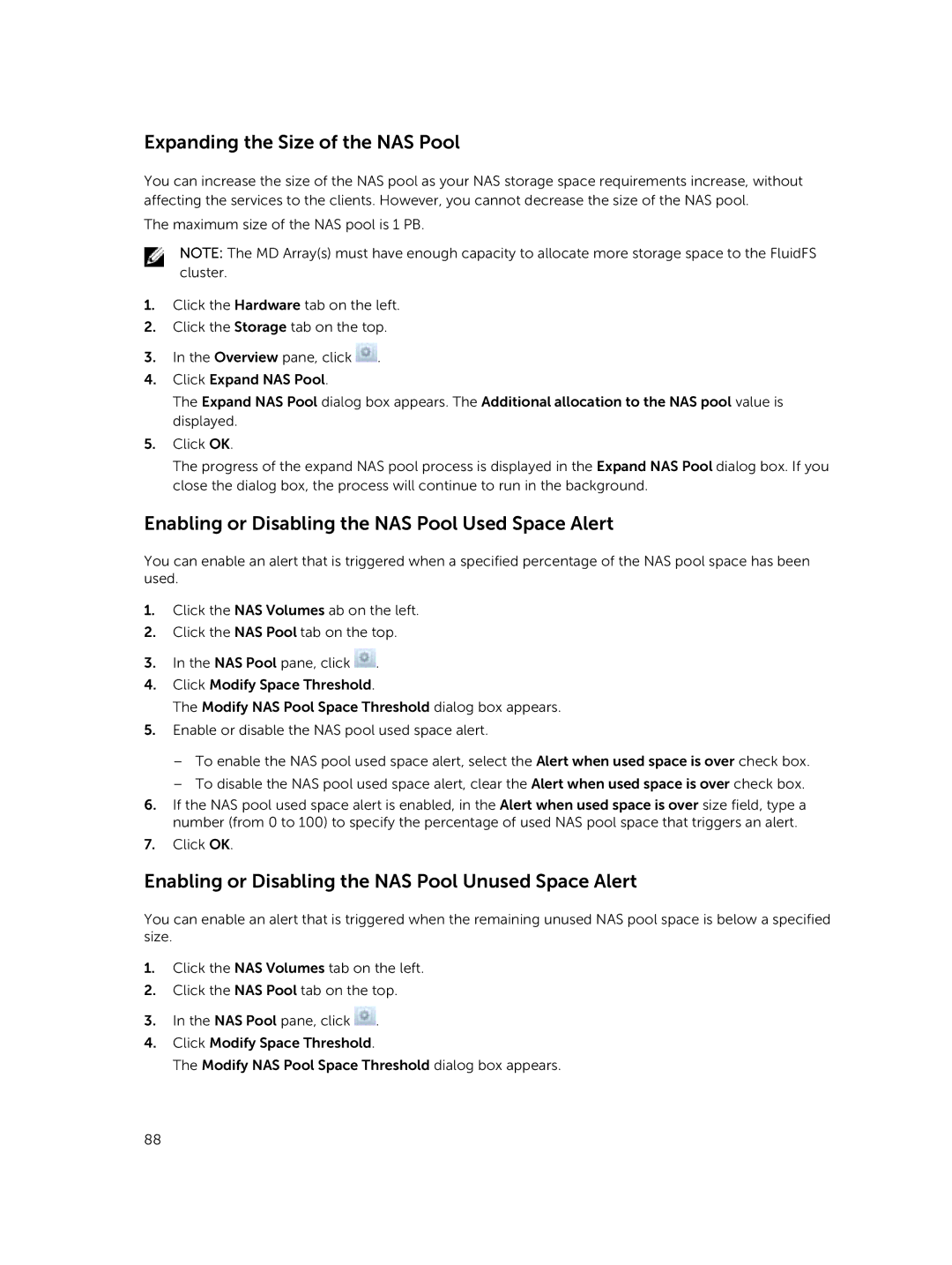 Dell NX3610, NX3500, NX3600 manual Expanding the Size of the NAS Pool, Enabling or Disabling the NAS Pool Used Space Alert 