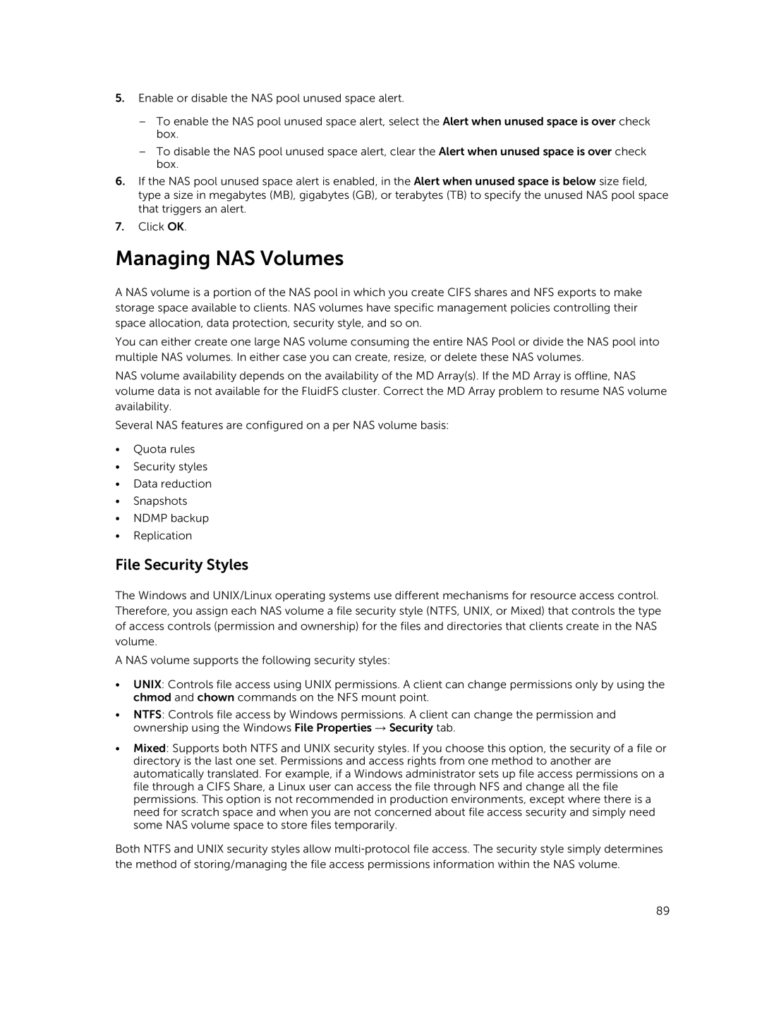 Dell NX3600, NX3500, NX3610 manual Managing NAS Volumes, File Security Styles 