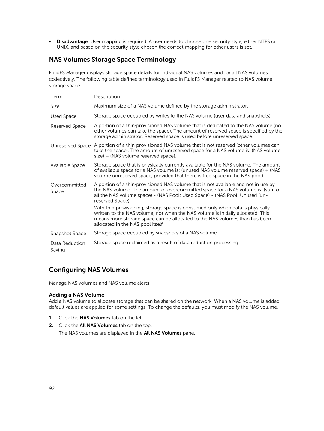 Dell NX3600, NX3500, NX3610 manual NAS Volumes Storage Space Terminology, Configuring NAS Volumes, Adding a NAS Volume 