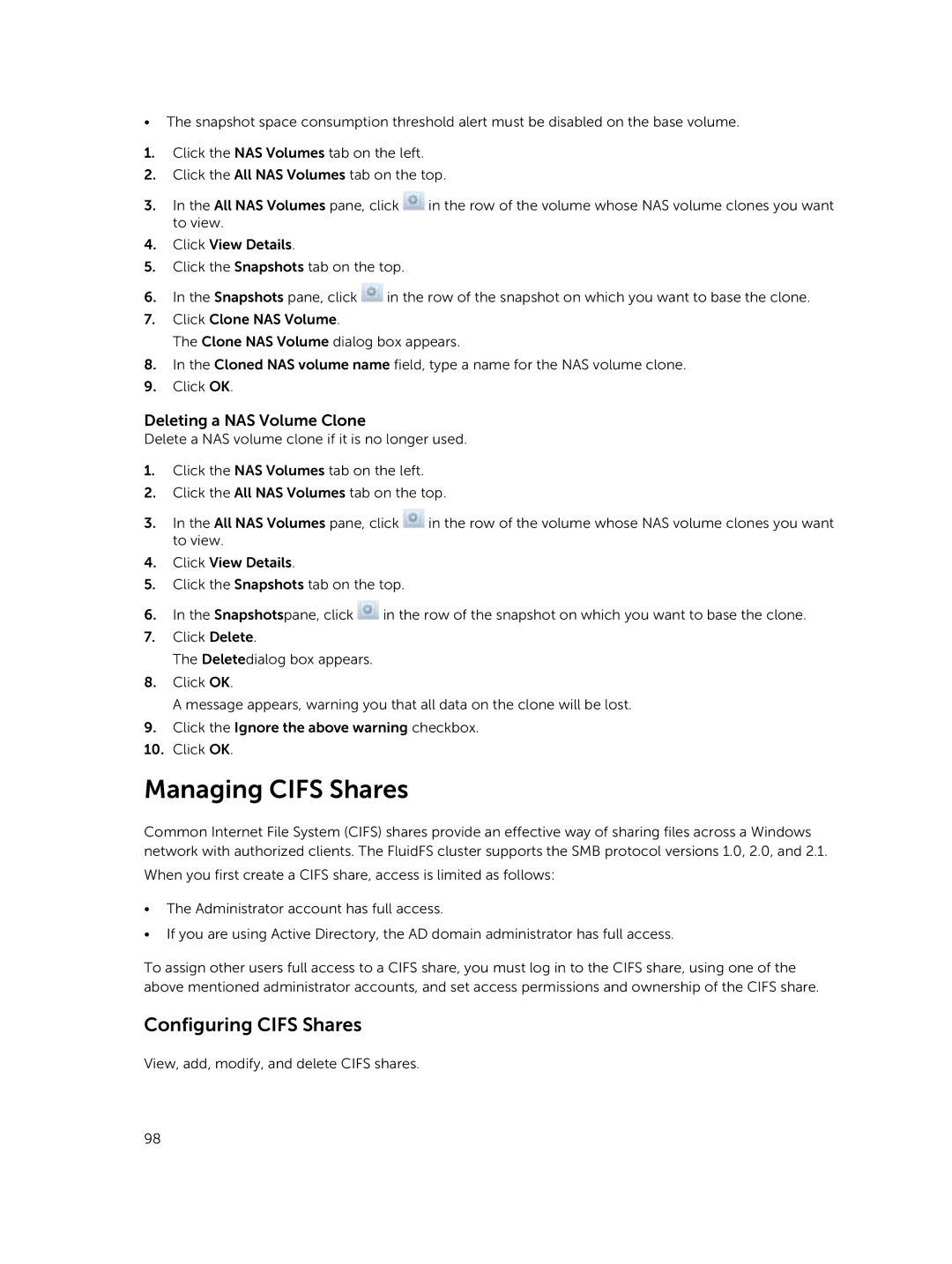 Dell NX3600, NX3500, NX3610 manual Managing Cifs Shares, Configuring Cifs Shares, Deleting a NAS Volume Clone 