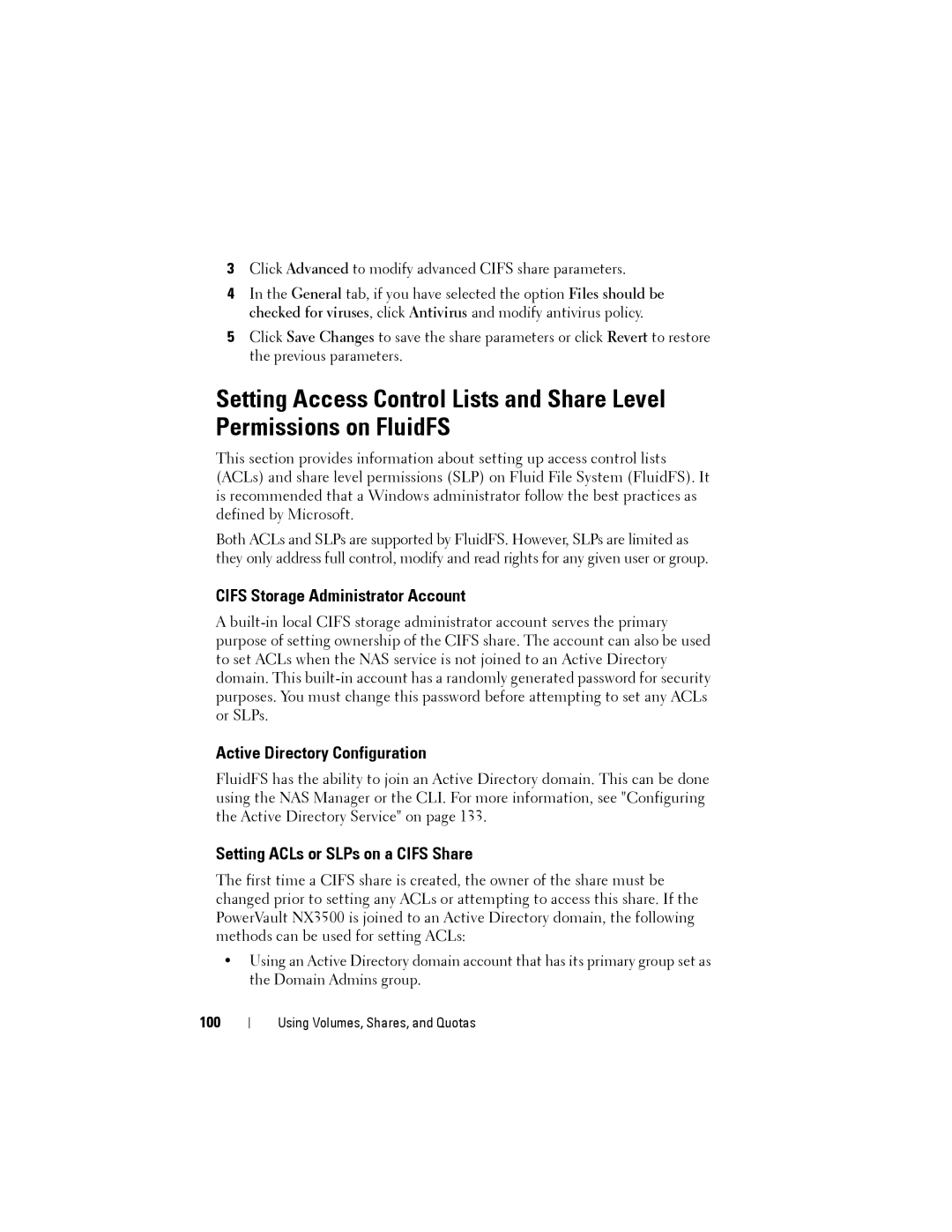 Dell NX3500 Cifs Storage Administrator Account, Active Directory Configuration, Setting ACLs or SLPs on a Cifs Share, 100 