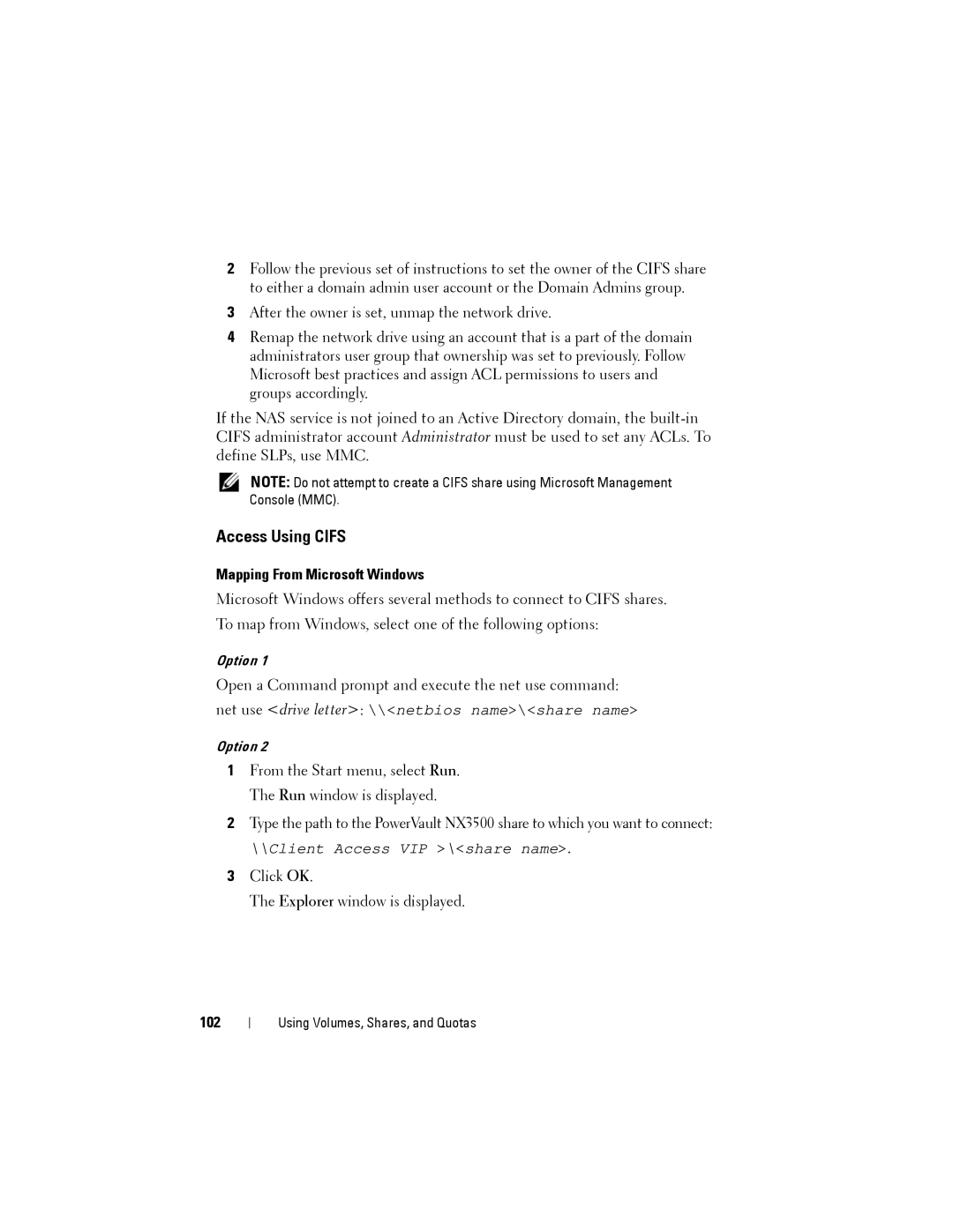 Dell NX3500 manual Access Using Cifs, Mapping From Microsoft Windows, 102 