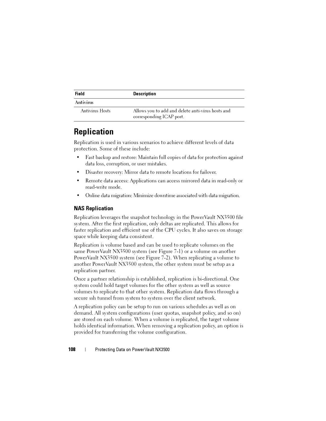 Dell NX3500 manual NAS Replication, 108, Field Description 