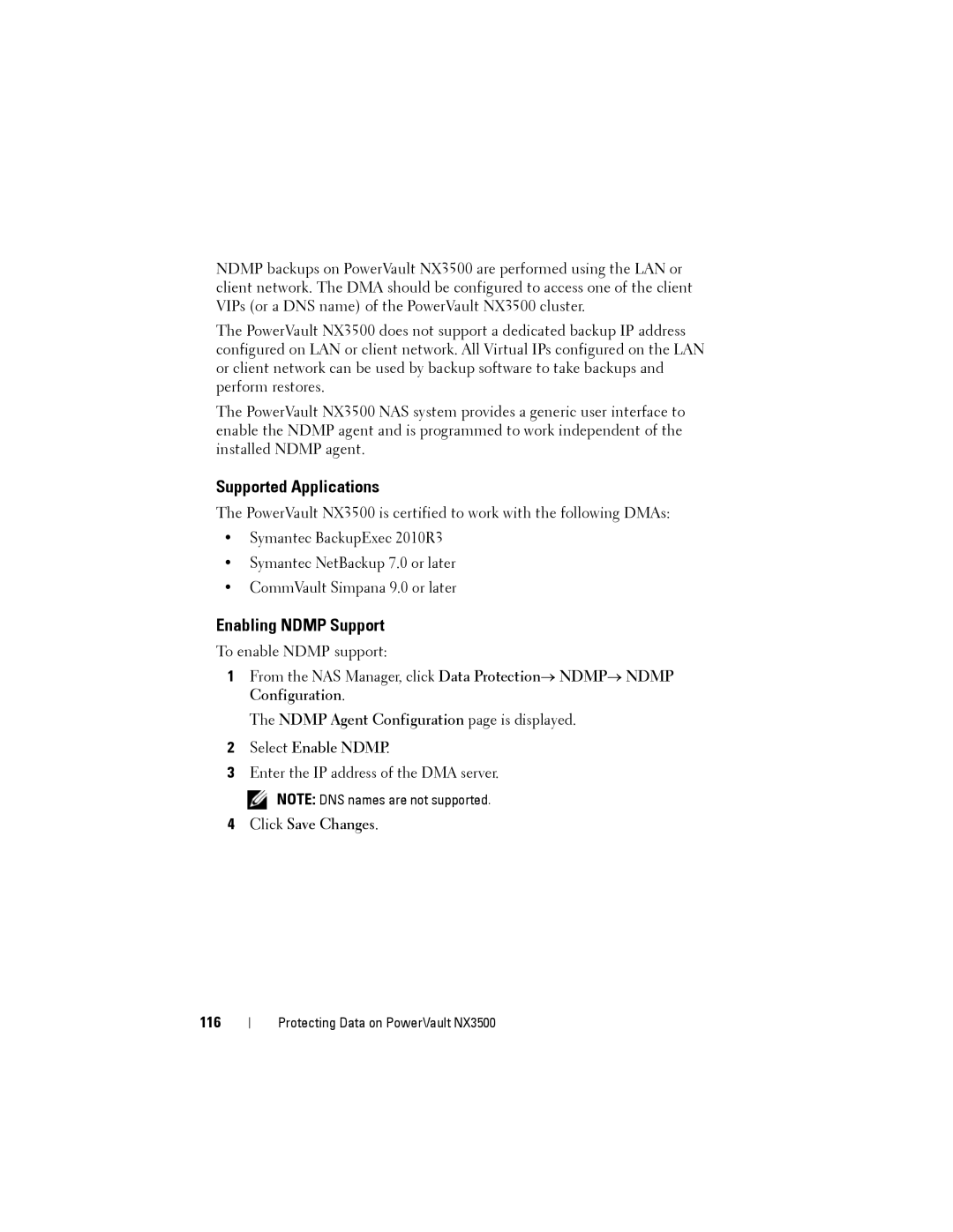 Dell NX3500 manual Supported Applications, Enabling Ndmp Support, Click Save Changes, 116 