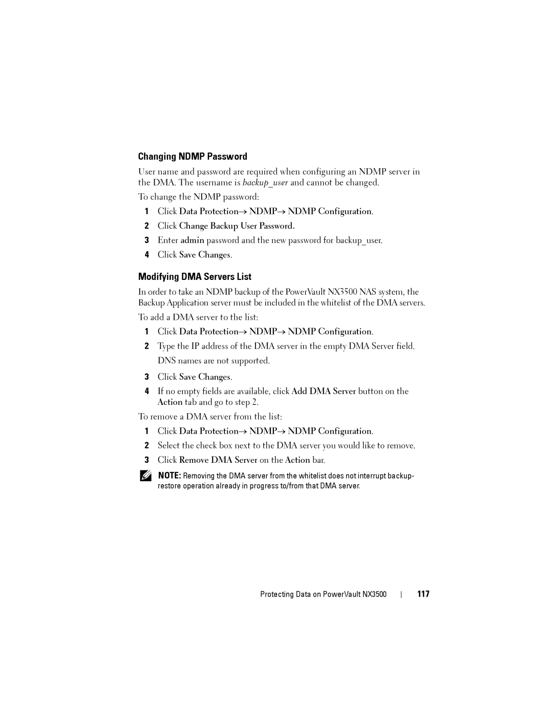 Dell NX3500 manual Changing Ndmp Password, Modifying DMA Servers List, Click Data Protection→ NDMP→ Ndmp Configuration, 117 