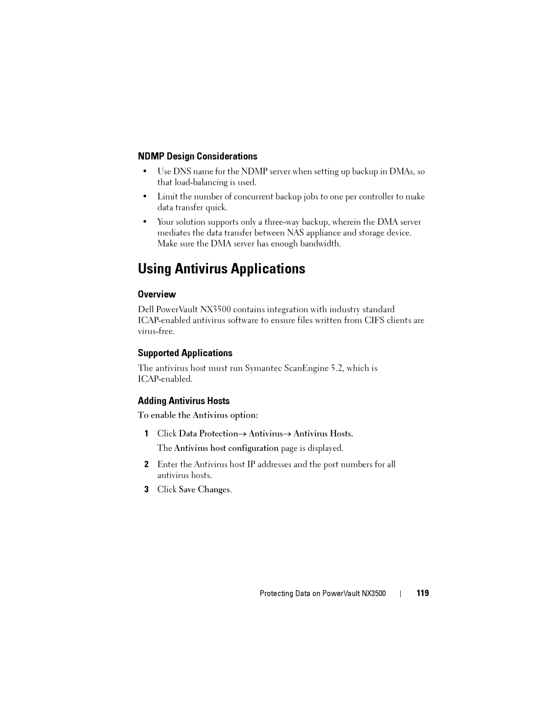 Dell NX3500 manual Using Antivirus Applications, Ndmp Design Considerations, Overview, Adding Antivirus Hosts, 119 