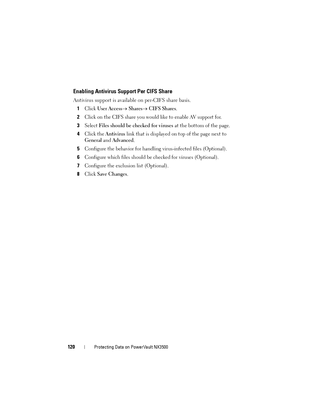 Dell NX3500 manual Enabling Antivirus Support Per Cifs Share, Select Files should be checked for viruses at the bottom, 120 