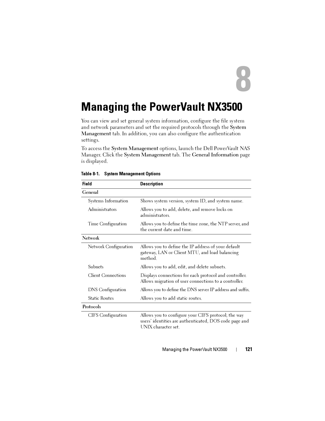 Dell manual Managing the PowerVault NX3500, 121, System Management Options Field Description 