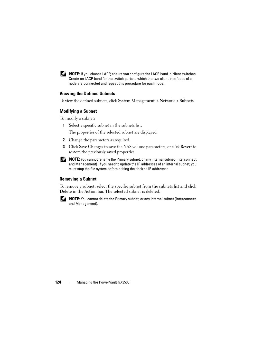 Dell NX3500 manual Viewing the Defined Subnets, Modifying a Subnet, Removing a Subnet, 124 