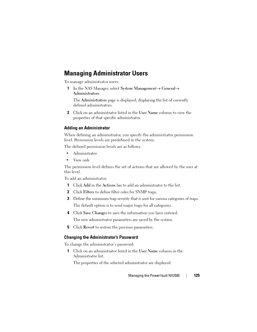 Dell NX3500 manual Managing Administrator Users, Adding an Administrator, Changing the Administrator’s Password, 125 