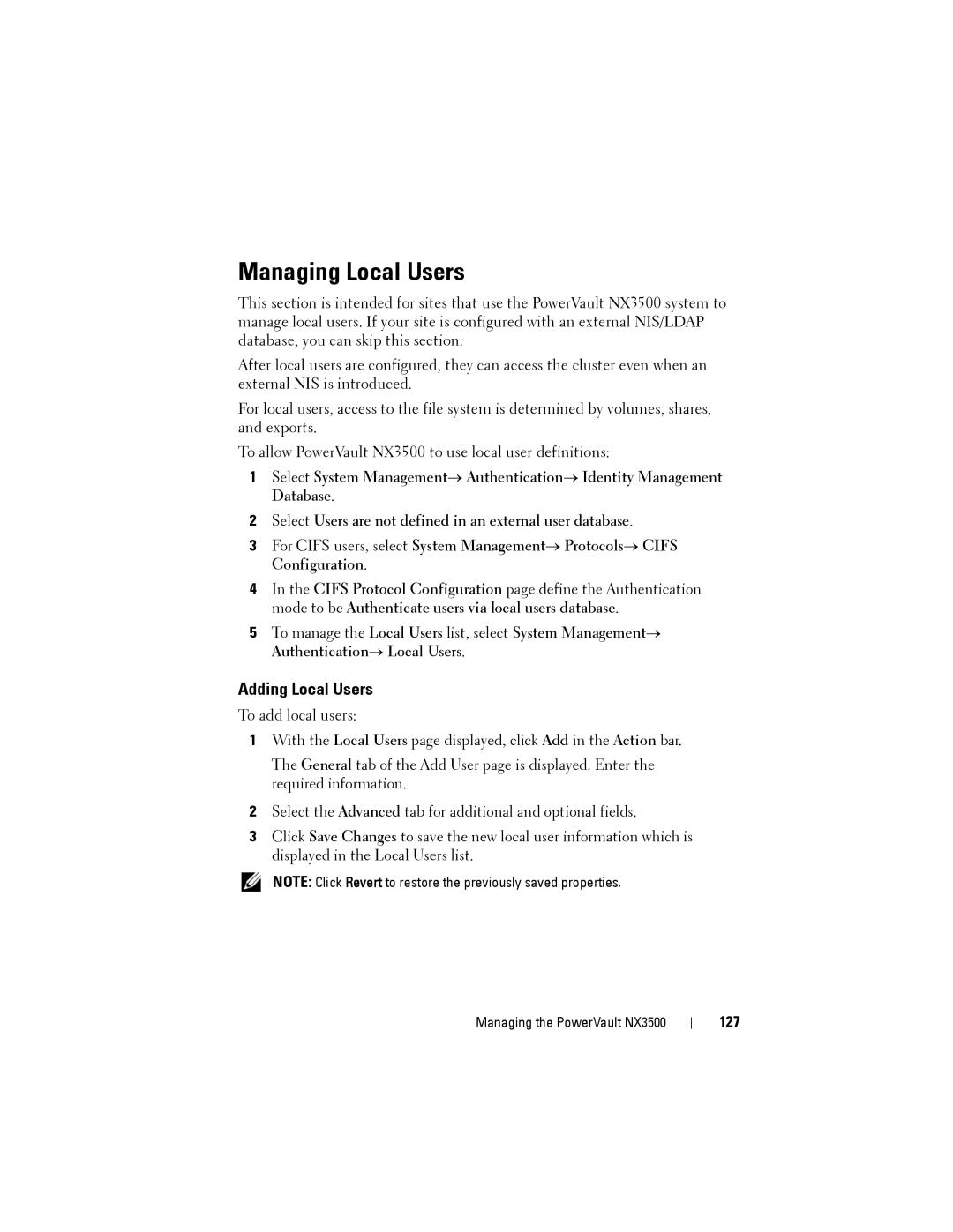 Dell NX3500 manual Managing Local Users, Adding Local Users, 127 