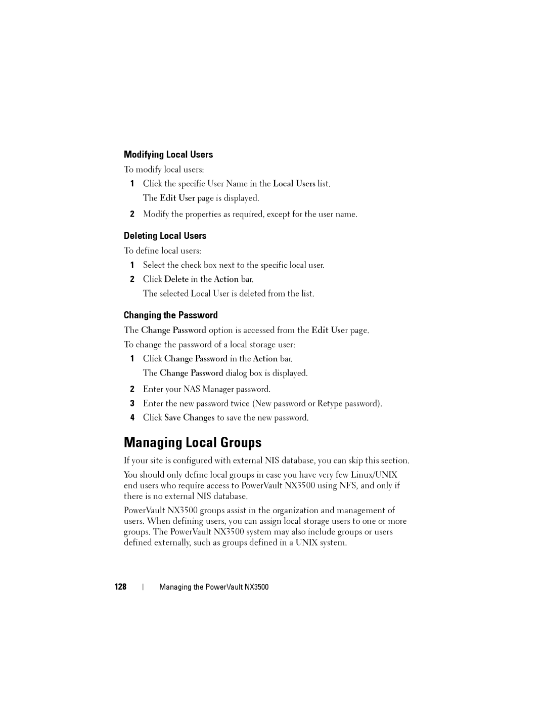 Dell NX3500 manual Managing Local Groups, Modifying Local Users, Deleting Local Users, Changing the Password, 128 