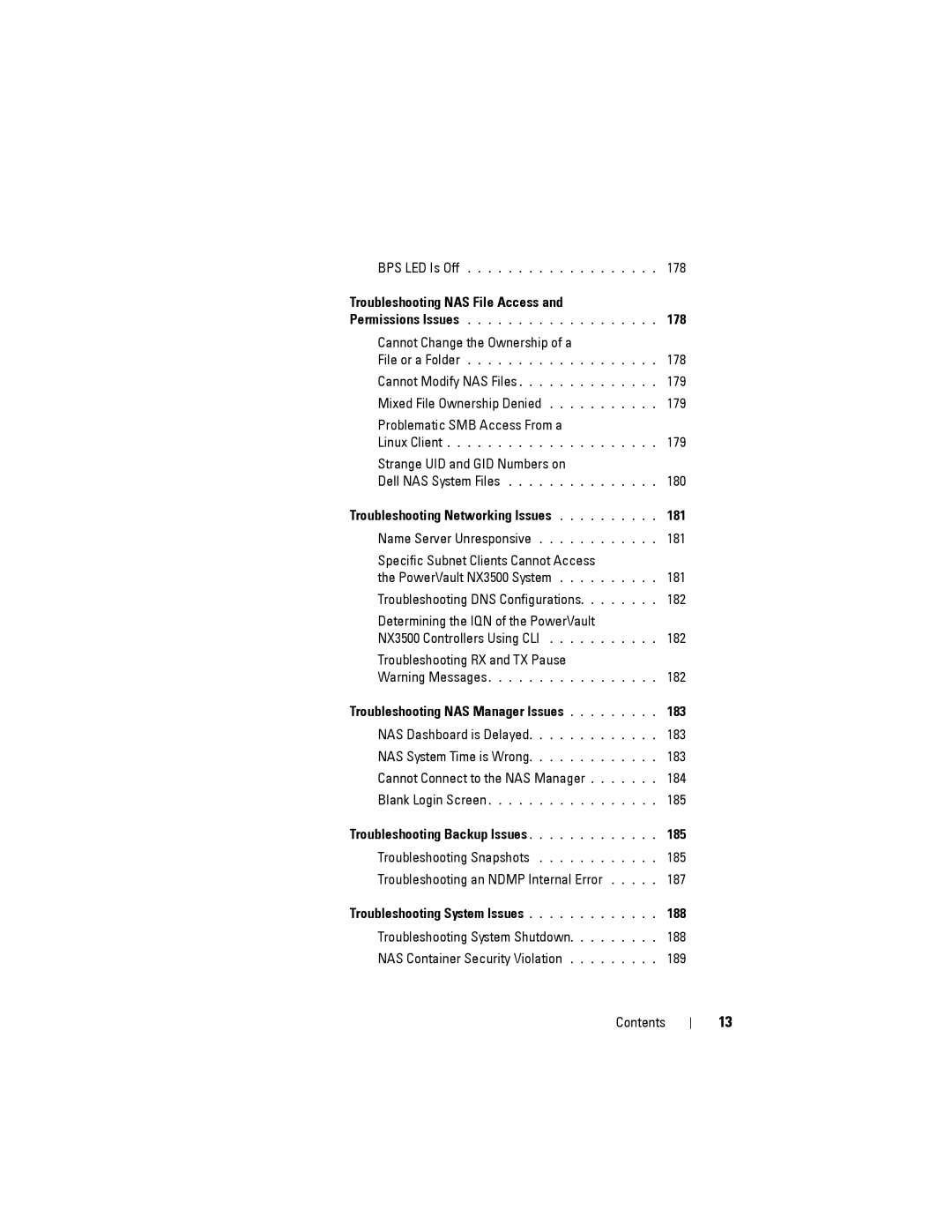 Dell NX3500 Troubleshooting NAS File Access 178, Troubleshooting Networking Issues 181, Troubleshooting Backup Issues 185 