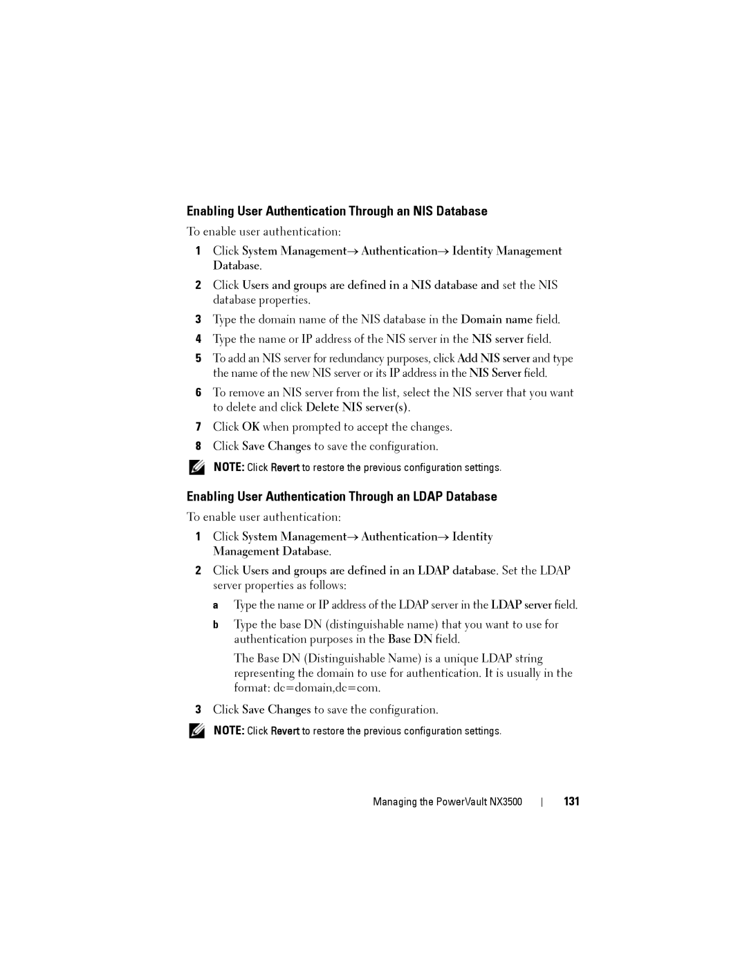 Dell NX3500 Enabling User Authentication Through an NIS Database, Enabling User Authentication Through an Ldap Database 