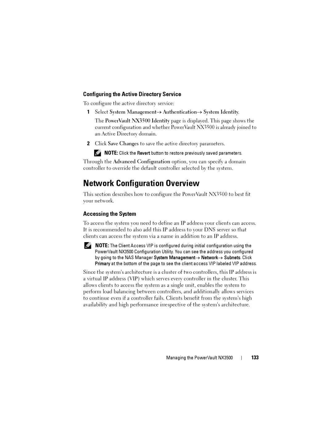 Dell NX3500 manual Network Configuration Overview, Configuring the Active Directory Service, Accessing the System, 133 