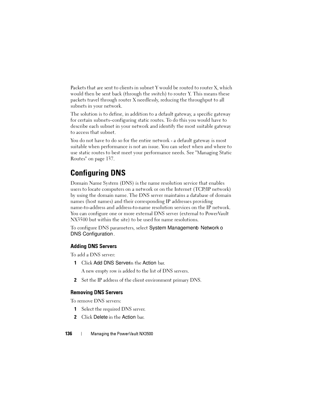 Dell NX3500 manual Configuring DNS, Adding DNS Servers, Removing DNS Servers, Click Add DNS Server in the Action bar, 136 