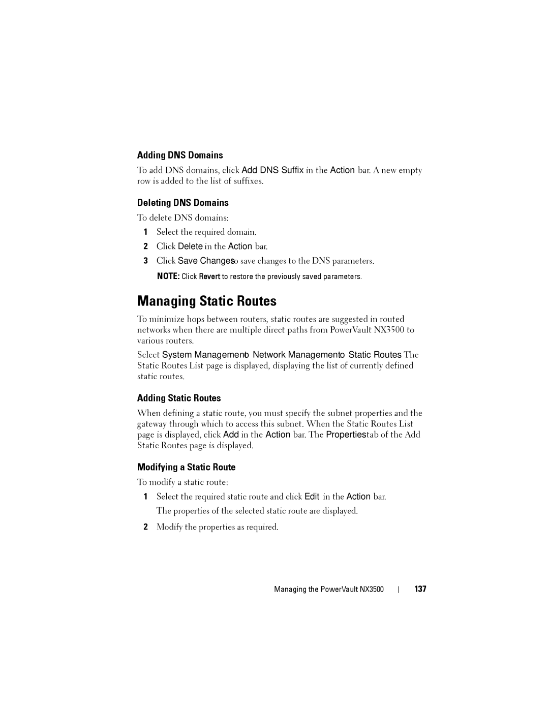 Dell NX3500 manual Managing Static Routes, Adding DNS Domains, Deleting DNS Domains, Adding Static Routes 