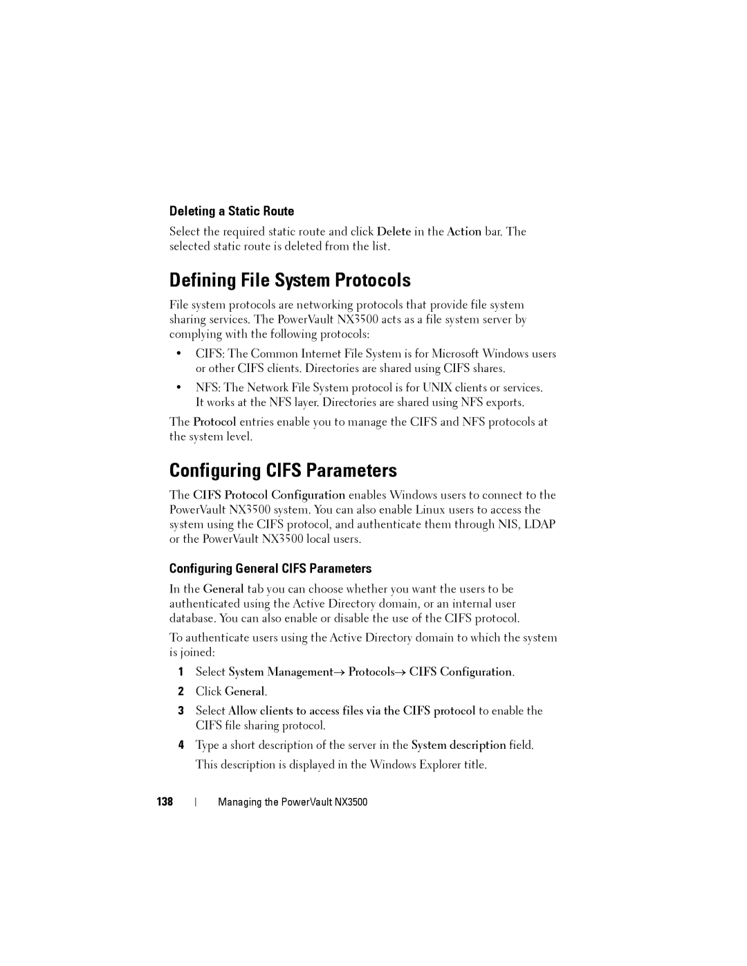Dell NX3500 manual Defining File System Protocols, Configuring Cifs Parameters, Deleting a Static Route, 138 
