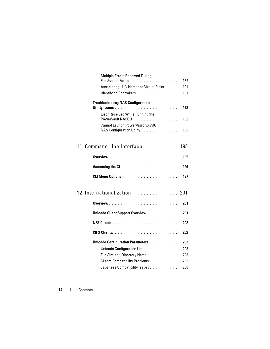 Dell NX3500 manual Troubleshooting NAS Configuration 192, 195, 196, 197, Unicode Client Support Overview 201, 202 