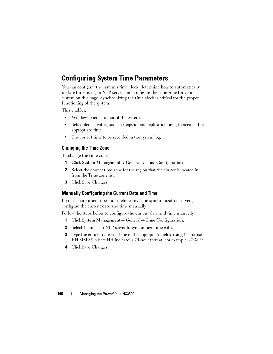Dell NX3500 Configuring System Time Parameters, Changing the Time Zone, Manually Configuring the Current Date and Time 