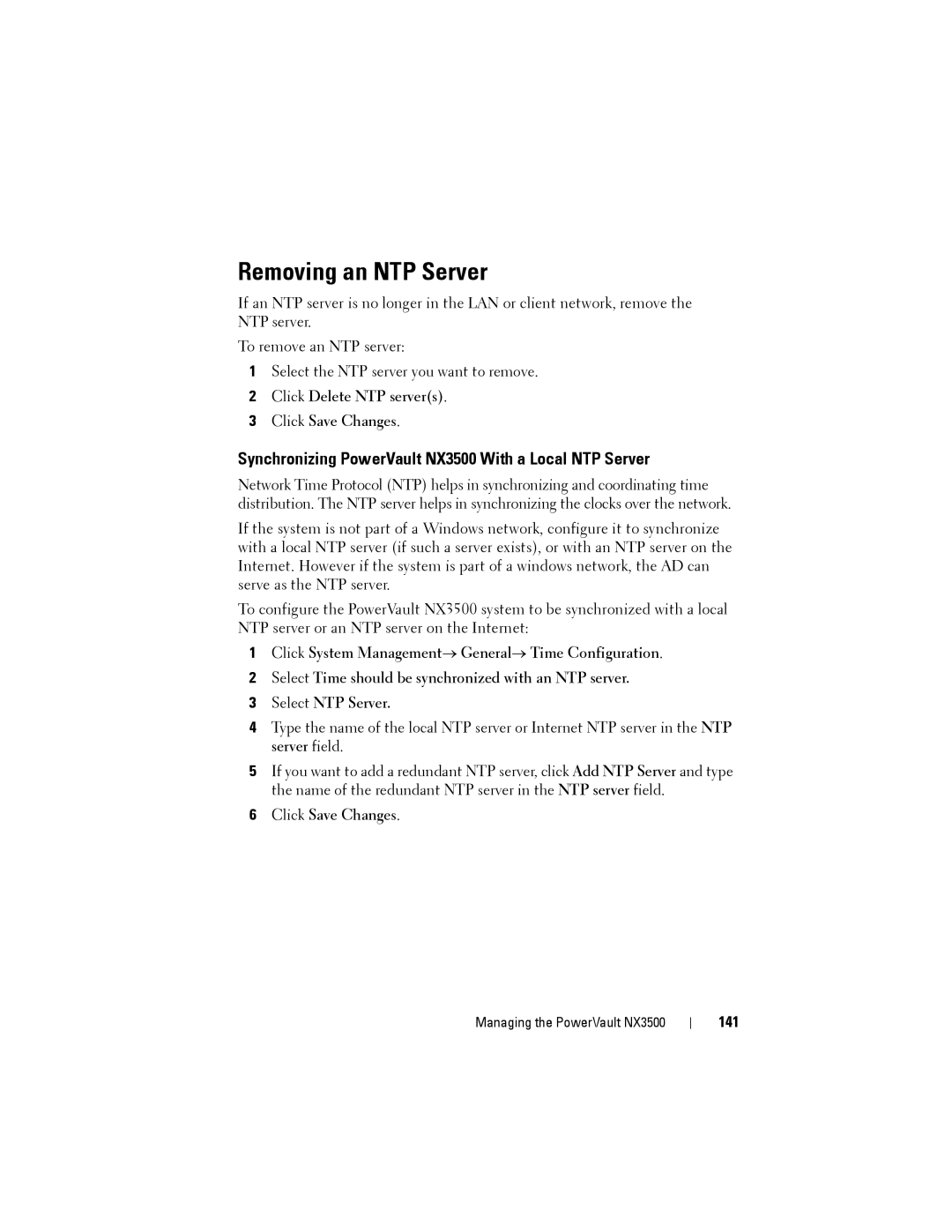 Dell manual Removing an NTP Server, Synchronizing PowerVault NX3500 With a Local NTP Server, 141 