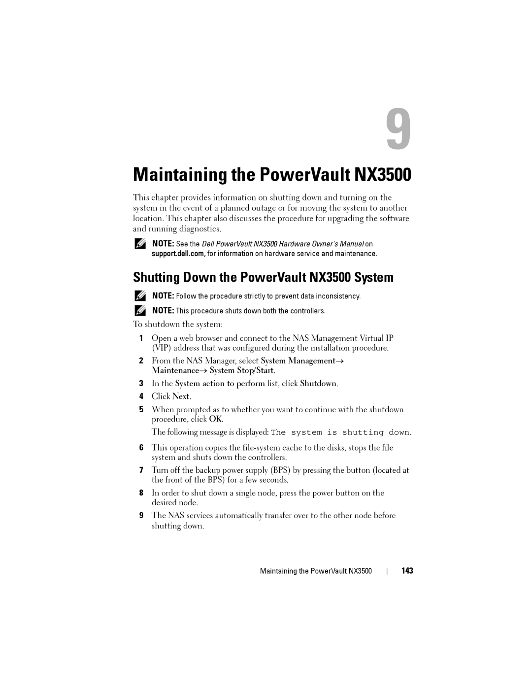 Dell manual Shutting Down the PowerVault NX3500 System, System action to perform list, click Shutdown, 143 