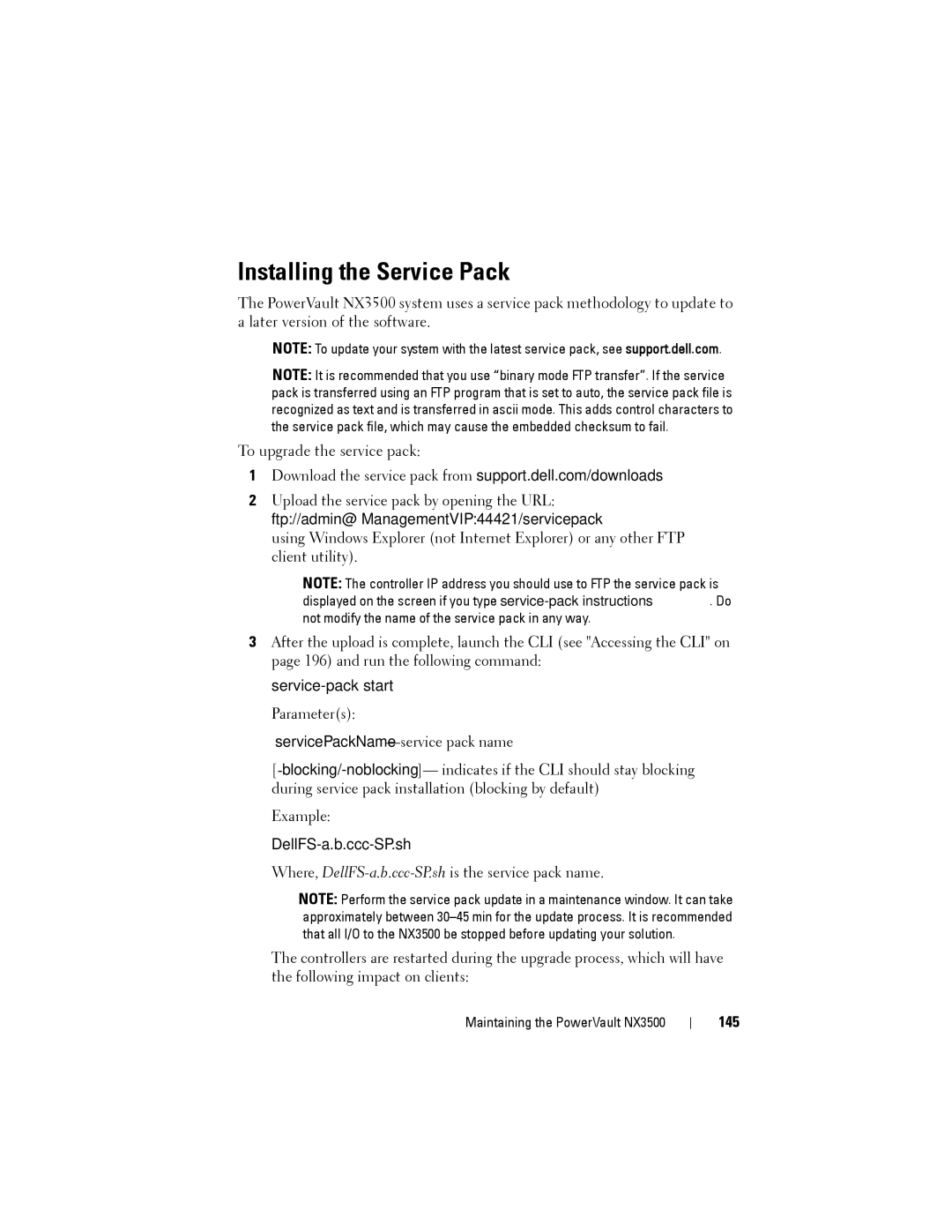 Dell NX3500 manual Installing the Service Pack, DellFS-a.b.ccc-SP.sh, 145 